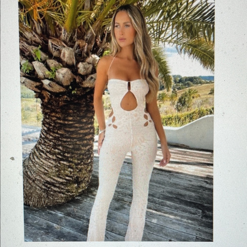 Outcast Zumba cut out nude with White Lace Jumpsuit- nwt